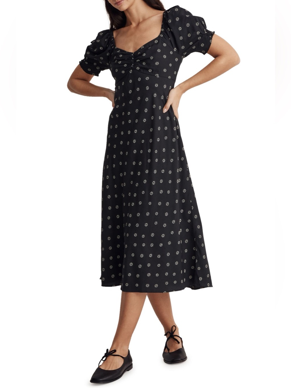 Madewell Black Midi Dress with Cream Floral Dot Print